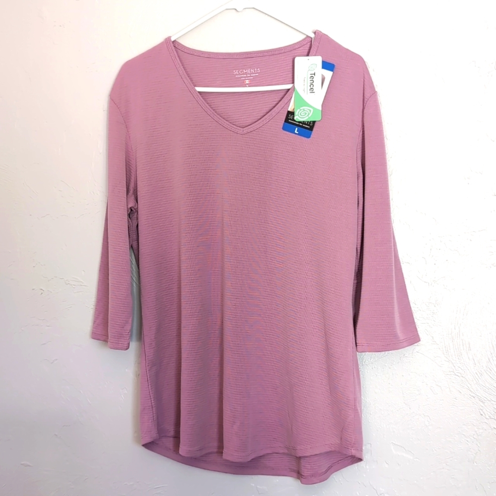 Seg'ments Three Quarter Sleeve Tencel V-Neck Purple Pink Top Women's Size Large